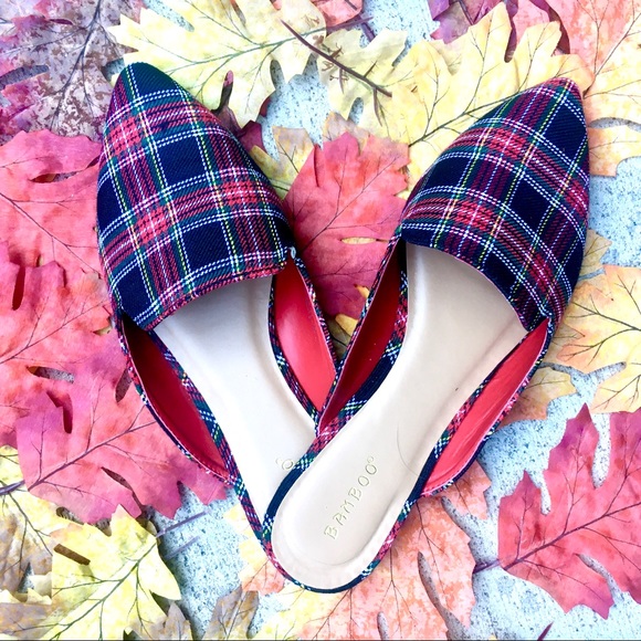 BAMBOO Shoes - LAST PAIR Tweed Plaid Mules - Red Tartan Flat